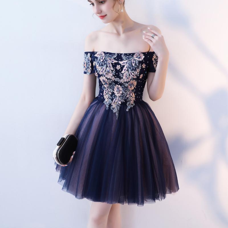 A Line Purple Appliques Homecoming Dresses, Short Off the Shoulder Prom Dress PDN65