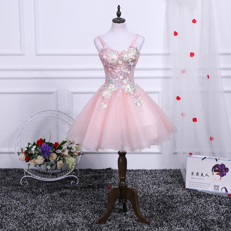 Pink A Line Tulle Spaghetti Straps Homecoming Dresses With Appliques PDN54