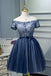 A Line Off the Shoulder Navy Blue Short Homecoming Dress PDN44