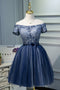 A Line Off the Shoulder Navy Blue Short Homecoming Dress PDN44