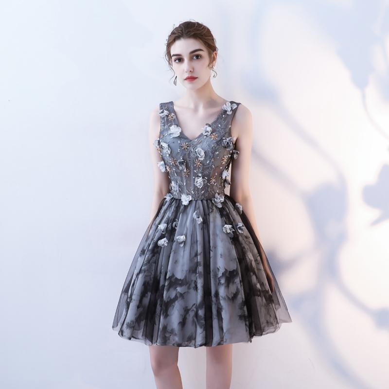 V Neck A Line Flowers Homecoming Dresses, Short Grey Prom Dress PDN60