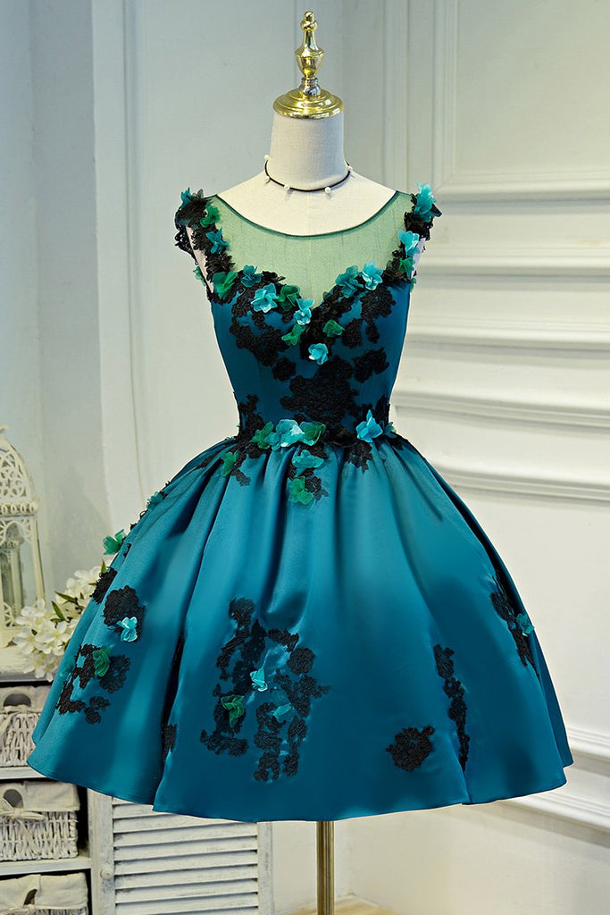 A Line Flower Appliques Round Neck Homecoming Dresses, Blue Short Prom Dress PDN71