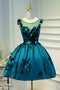 A Line Flower Appliques Round Neck Homecoming Dresses, Blue Short Prom Dress PDN71