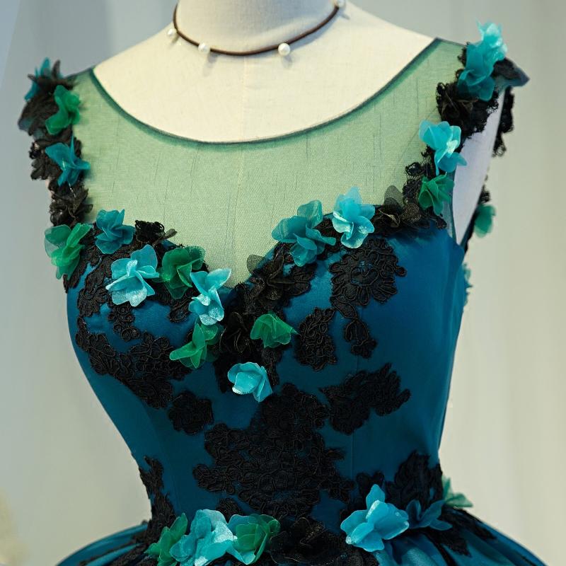 A Line Flower Appliques Round Neck Homecoming Dresses, Blue Short Prom Dress PDN71