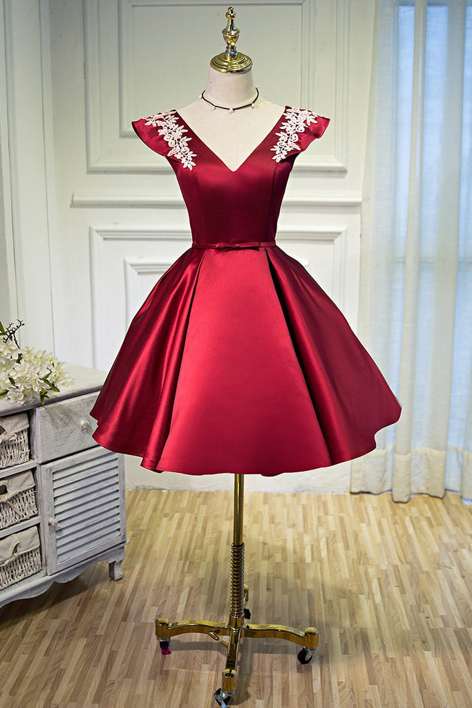 V Neck A Line Satin Appliques Short Homecoming Dresses PDN47