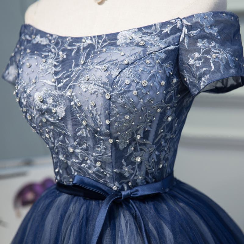 A Line Off the Shoulder Navy Blue Short Homecoming Dress PDN44