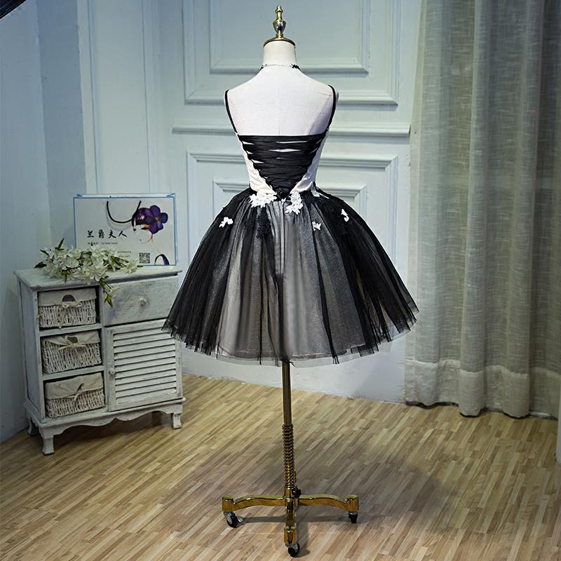 A Line Spaghetti Straps Tulle Black Short Homecoming Dress With Appliques PDN46