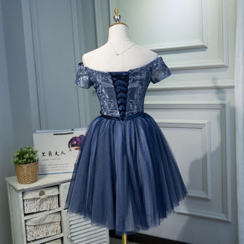 A Line Off the Shoulder Navy Blue Short Homecoming Dress PDN44