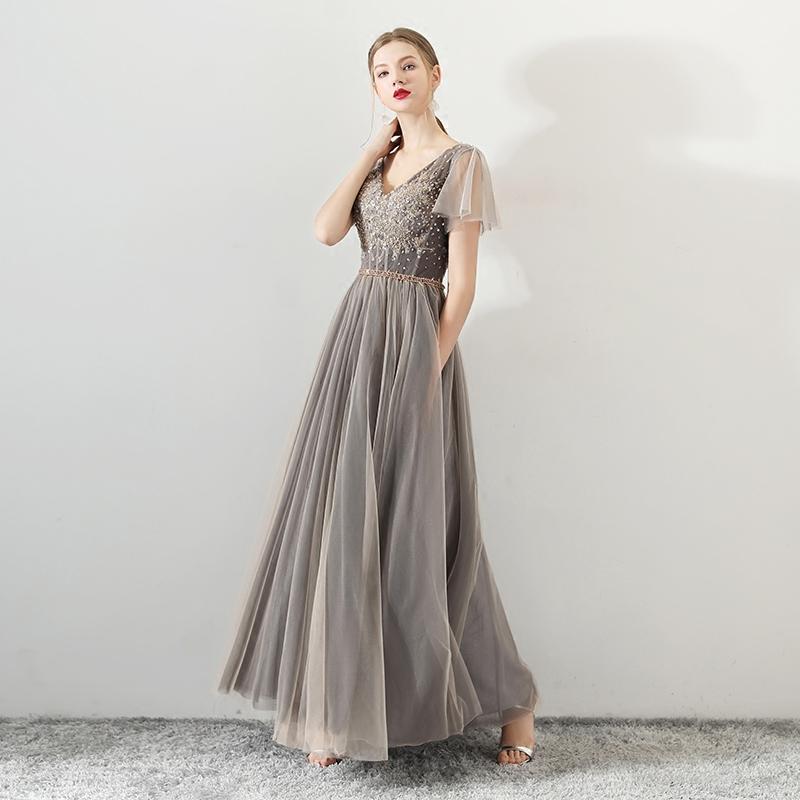 A Line Tulle Long Appliques Beaded Prom Dresses, Grey Formal Evening Dress PDG72