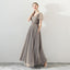 A Line Tulle Long Appliques Beaded Prom Dresses, Grey Formal Evening Dress PDG72