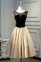 A Line Round Neck Satin Short Homecoming Dresses With Black Lace PDN48