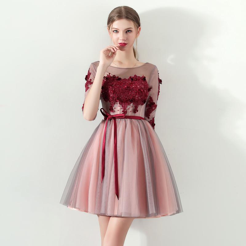 A Line Red Flowers Half Sleeves Homecoming Dresses, Short Appliques Prom Dress PDN61