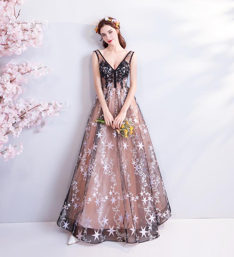 A Line V Neck Appliques Long Prom Dress With Stars Evening Dresses PDQ71