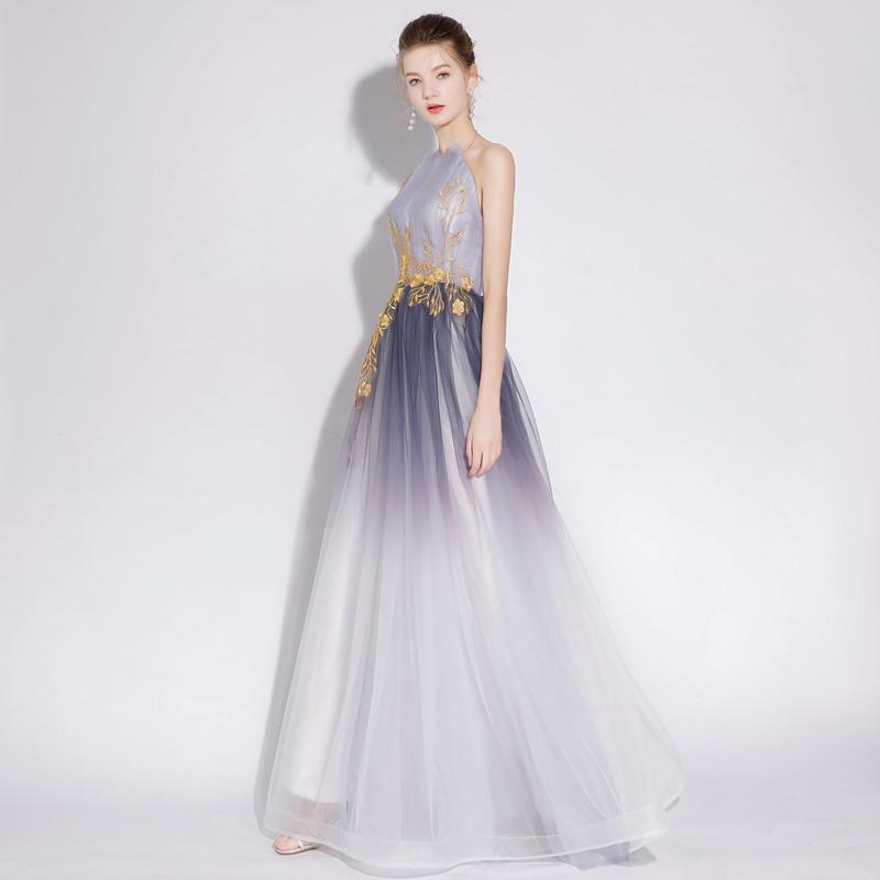 A Line Halter Tulle Long Prom Dresses With Appliques PDL28