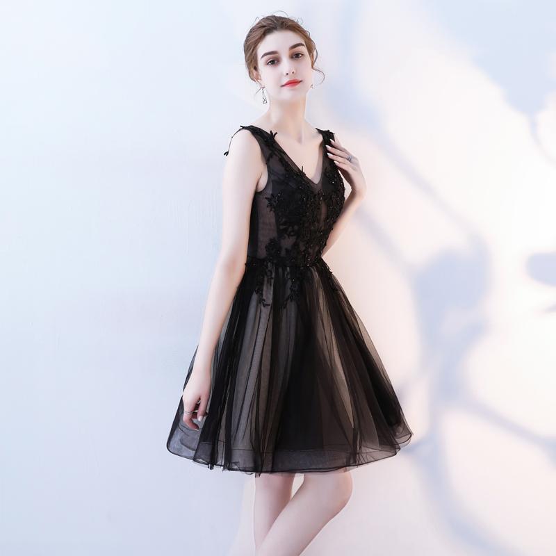 A Line V Neck Black Homecoming Dresses, Short Tulle Appliques Prom Dress PDN63