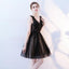 A Line V Neck Black Homecoming Dresses, Short Tulle Appliques Prom Dress PDN63