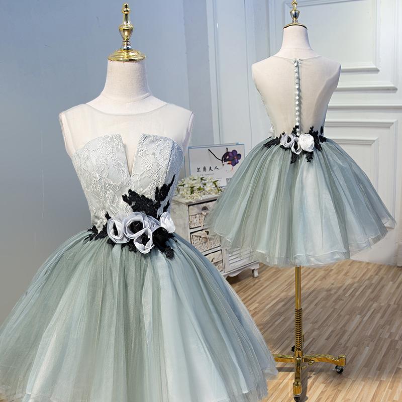A Line Tulle Flowers Short Homecoming Dresses, Cheap Party Dress PDN51