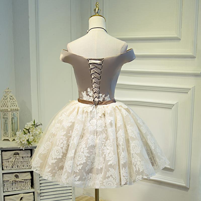 A Line Lace Appliques Off the Shoulder Homecoming Dresses, Short Prom Dress PDN70