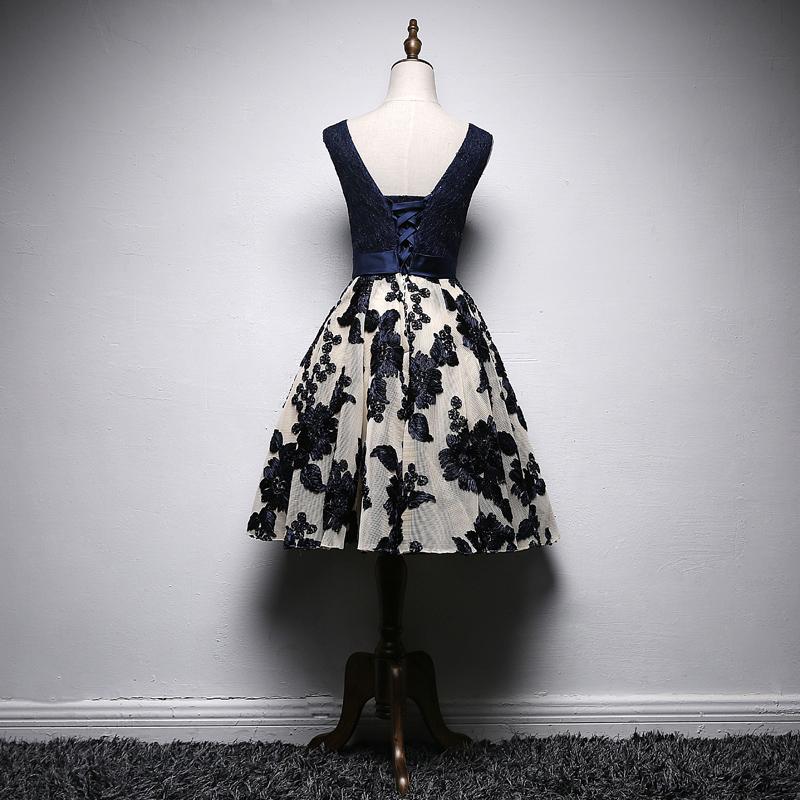 A Line Navy Blue V Neck Homecoming Dresses, Short Bow-knot Prom Dress PDN66