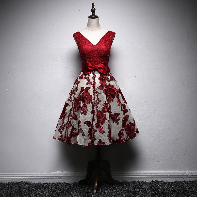 A Line Navy Blue V Neck Homecoming Dresses, Short Bow-knot Prom Dress PDN66