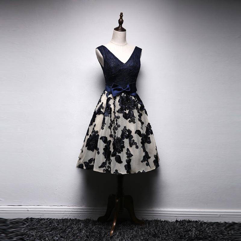 A Line Navy Blue V Neck Homecoming Dresses, Short Bow-knot Prom Dress PDN66