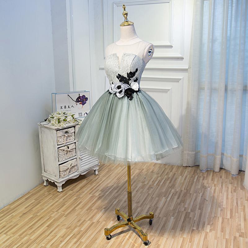 A Line Tulle Flowers Short Homecoming Dresses, Cheap Party Dress PDN51