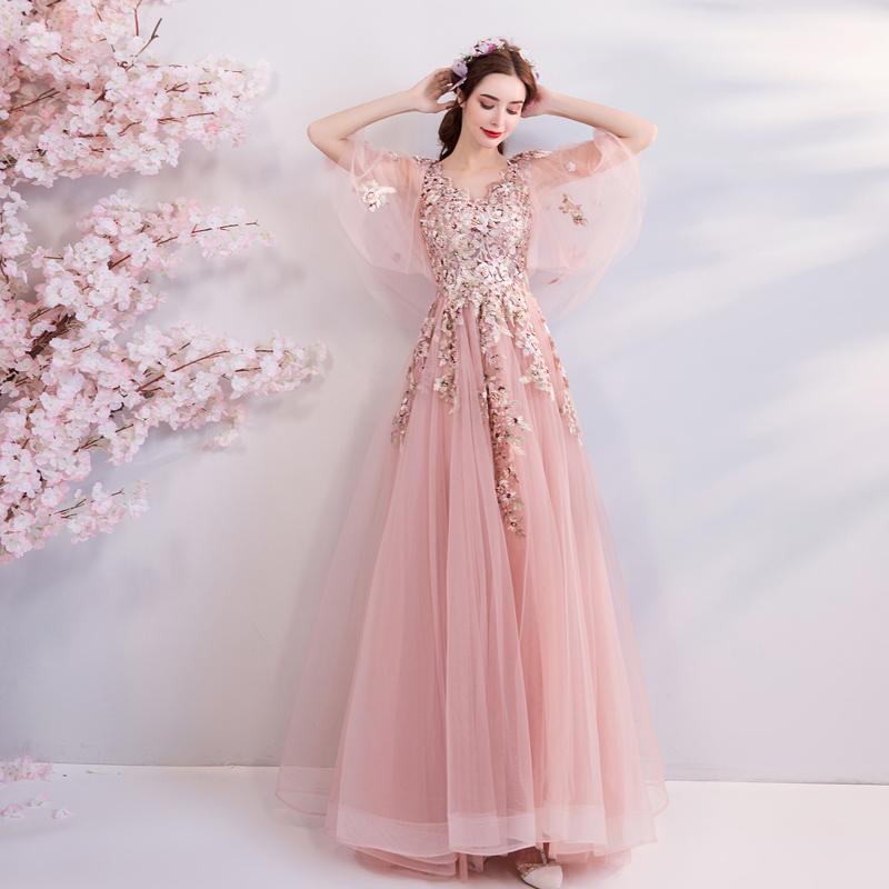Princess A Line Pink Long Tulle Appliques V Neck Prom Dresses PDG68