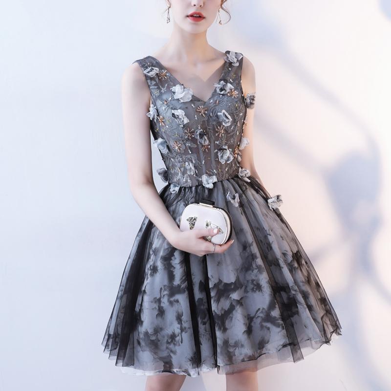 V Neck A Line Flowers Homecoming Dresses, Short Grey Prom Dress PDN60