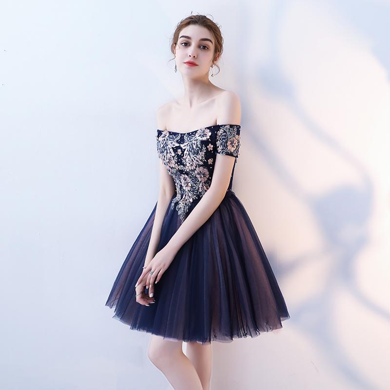 A Line Purple Appliques Homecoming Dresses, Short Off the Shoulder Prom Dress PDN65