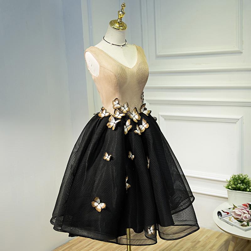 A Line Black V Neck Homecoming Dresses, Sleeveless Prom Dress With Butterfly PDN68