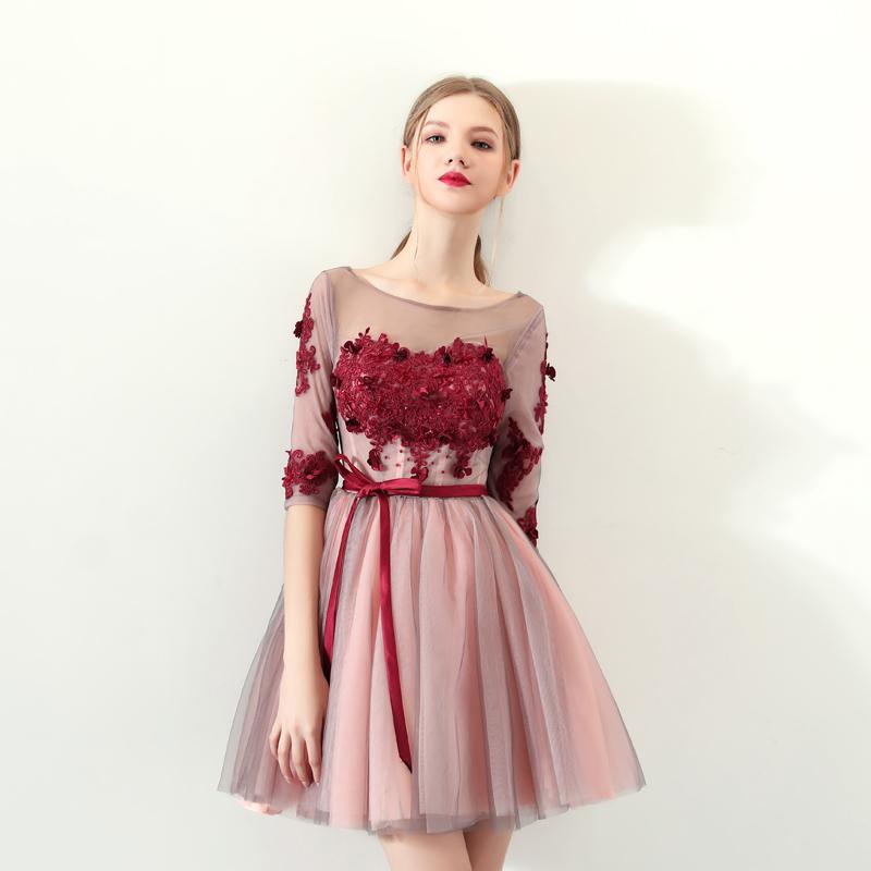 A Line Red Flowers Half Sleeves Homecoming Dresses, Short Appliques Prom Dress PDN61