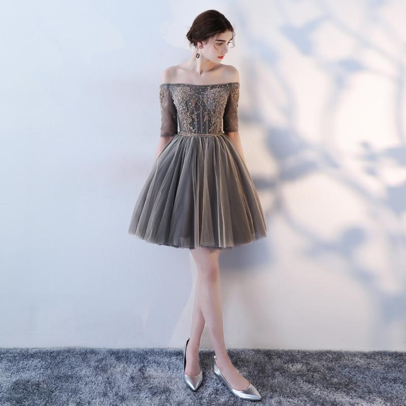 A Line Half Sleeves Off the Shoulder Homecoming Dresses, Short Appliques Prom Dress PDN62