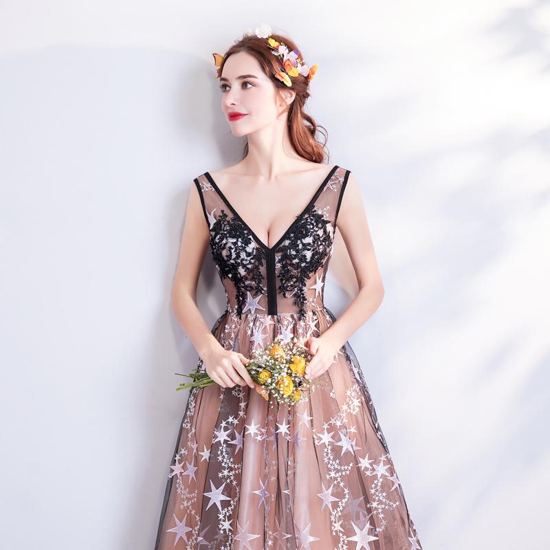 A Line V Neck Appliques Long Prom Dress With Stars Evening Dresses PDQ71