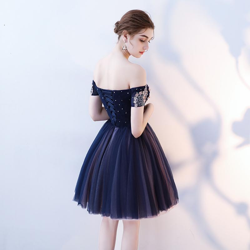 A Line Purple Appliques Homecoming Dresses, Short Off the Shoulder Prom Dress PDN65