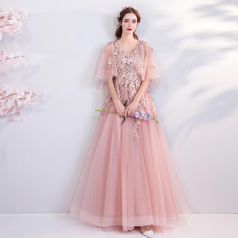 Princess A Line Pink Long Tulle Appliques V Neck Prom Dresses PDG68