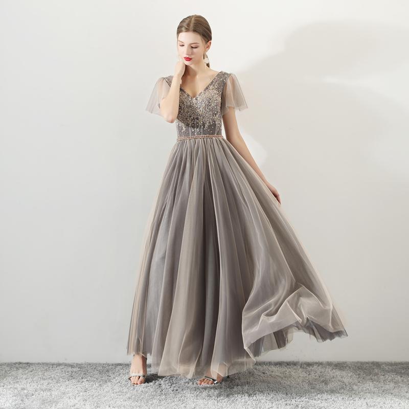 A Line Tulle Long Appliques Beaded Prom Dresses, Grey Formal Evening Dress PDG72