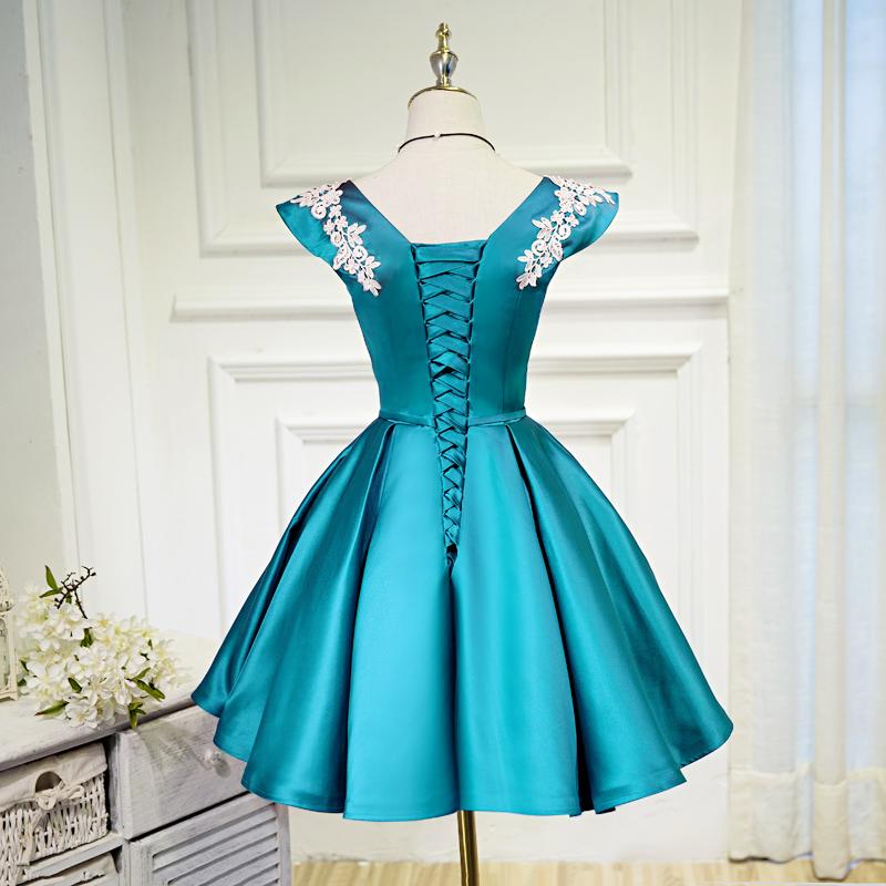 V Neck A Line Satin Appliques Short Homecoming Dresses PDN47