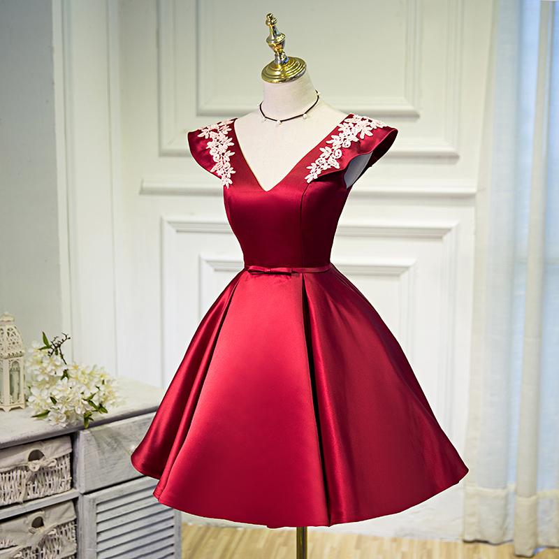 V Neck A Line Satin Appliques Short Homecoming Dresses PDN47