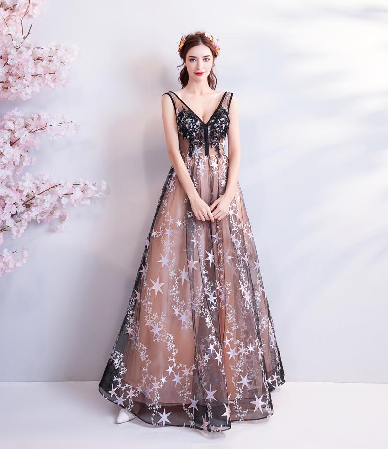 A Line V Neck Appliques Long Prom Dress With Stars Evening Dresses PDQ71