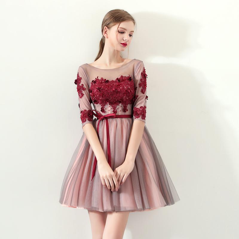 A Line Red Flowers Half Sleeves Homecoming Dresses, Short Appliques Prom Dress PDN61