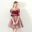 A Line Red Flowers Half Sleeves Homecoming Dresses, Short Appliques Prom Dress PDN61