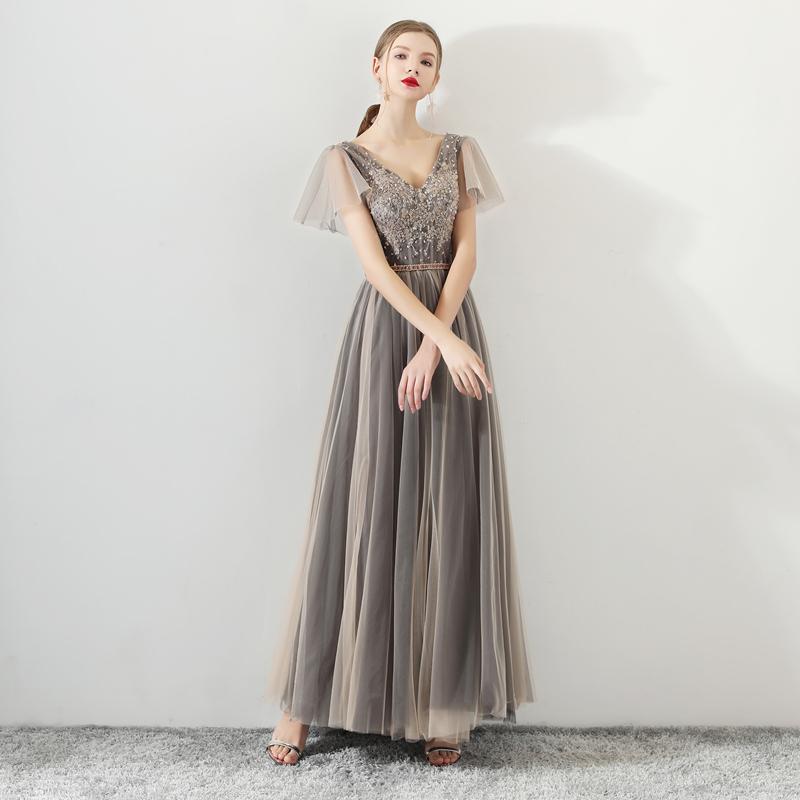A Line Tulle Long Appliques Beaded Prom Dresses, Grey Formal Evening Dress PDG72