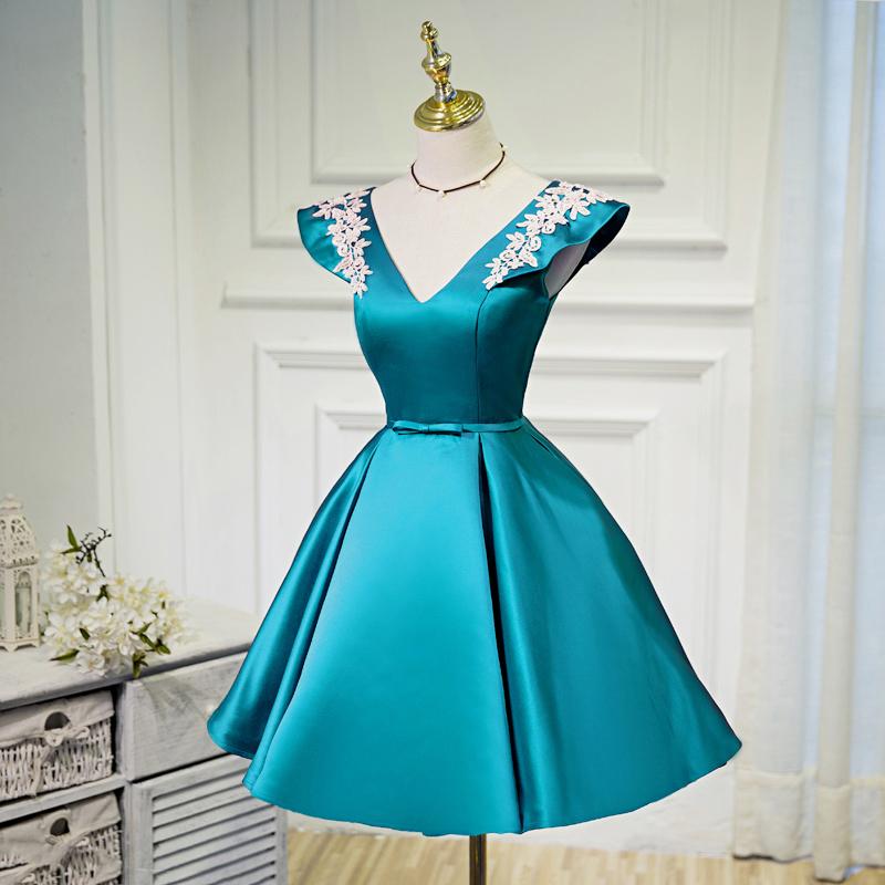V Neck A Line Satin Appliques Short Homecoming Dresses PDN47