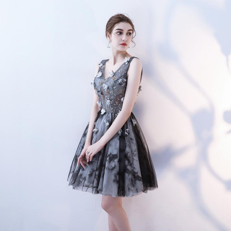 V Neck A Line Flowers Homecoming Dresses, Short Grey Prom Dress PDN60