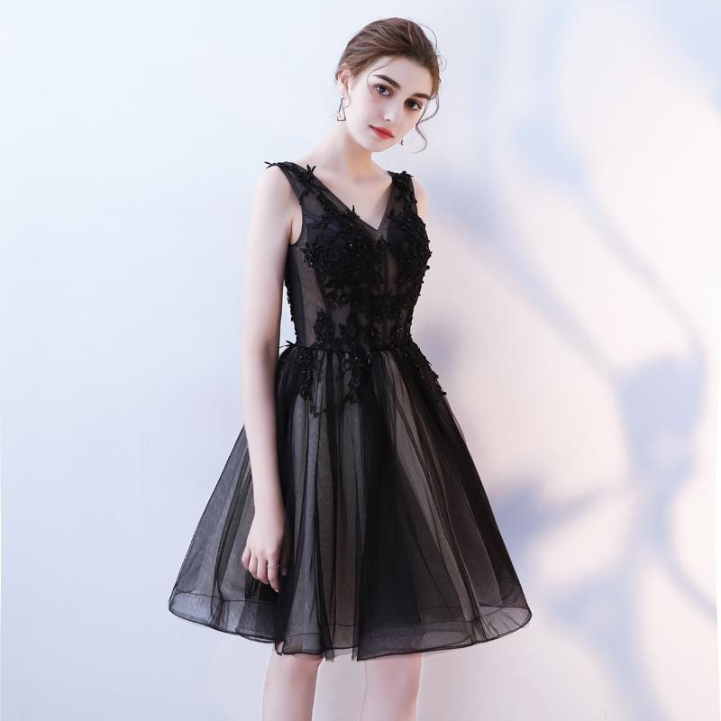 A Line V Neck Black Homecoming Dresses, Short Tulle Appliques Prom Dress PDN63