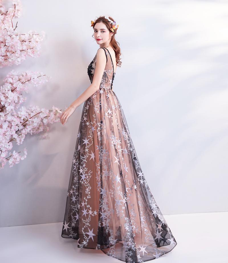 A Line V Neck Appliques Long Prom Dress With Stars Evening Dresses PDQ71