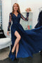 A Line Long Sleeves V Neck Dark Blue Prom Dresses With Appliques PDI67
