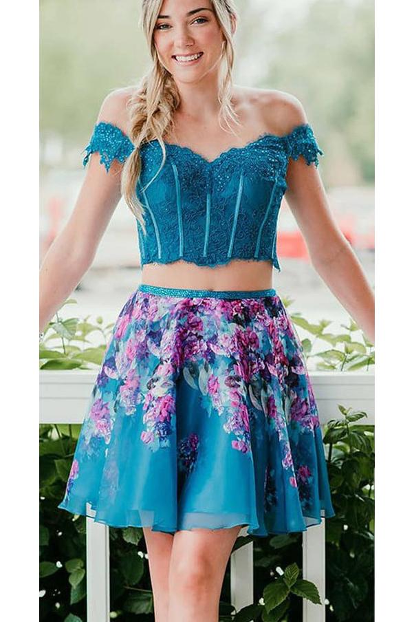 Two Piece Turquoise Off Shoulder Beading Floral Homecoming Dresses PPD33