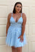 A Line V Neck Short Blue Lace Prom Dresses, Tulle Lace Graduation Dresses OMH0232