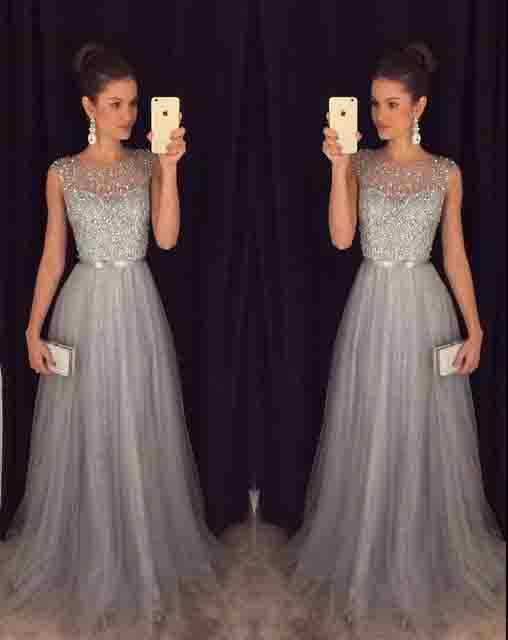 Elegant Gray Tulle Long A Line Prom Dress,Formal Party Dresses PDE94